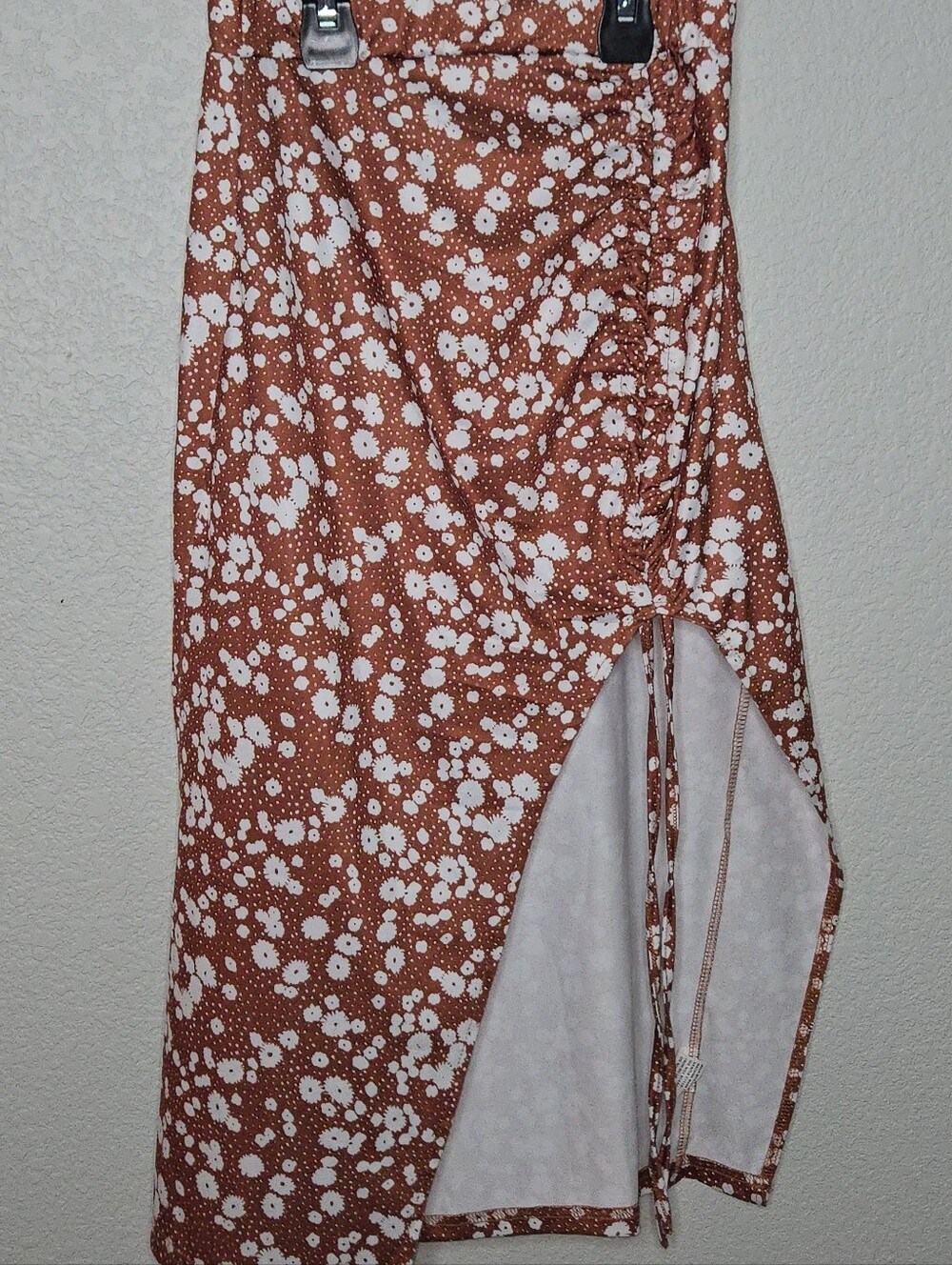 Rust Brown Floral Print Midi Skirt